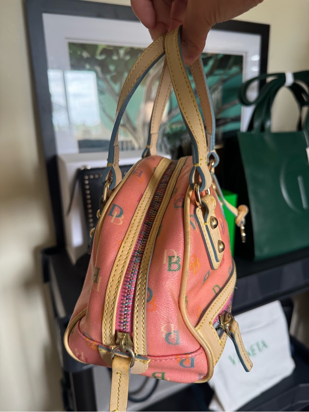 Dooney & Bourke Coral Pink Multi Logo Mini Satchel with Tan Trim - Picture 5 of 10